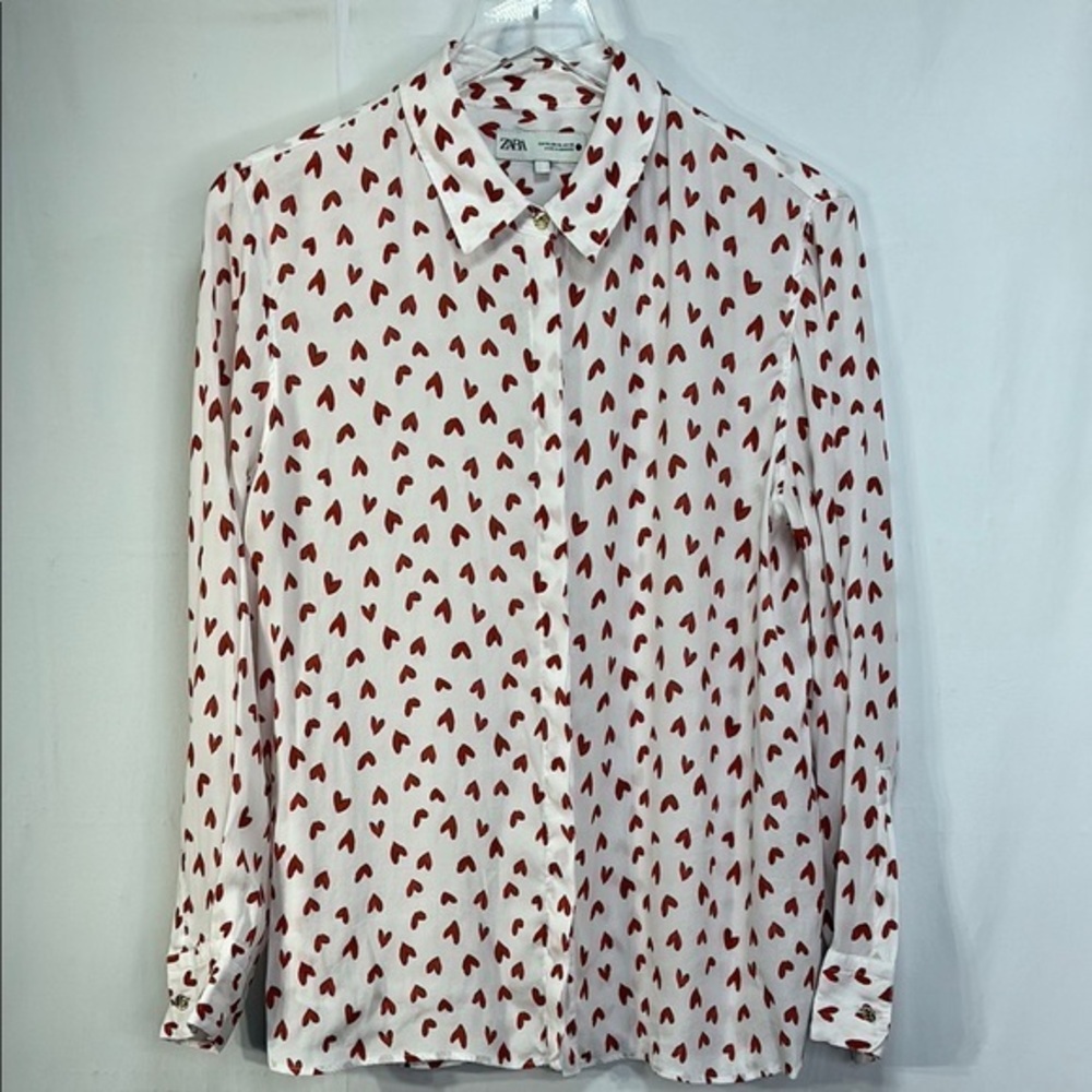 Zara White Long Sleeve Blouse with Red Heart Print XL